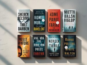 A collection of seven top-rated thriller books released in 2025 placed on a wooden table with dramatic lighting.